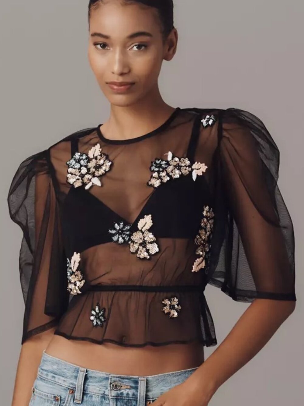 By Anthropologie Embellished Sheer Mesh Top XL
